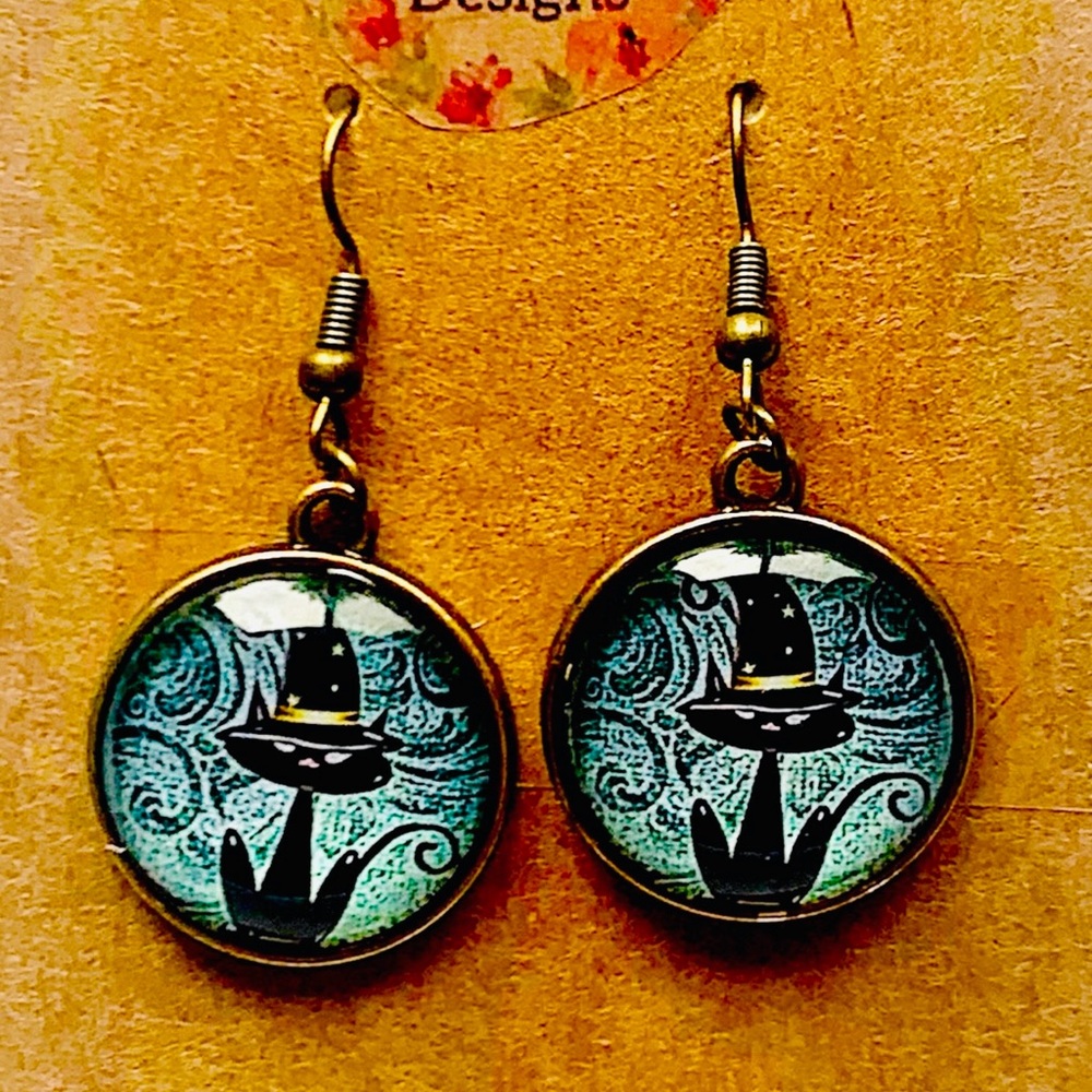Blue & Whimsical Black Cat Handmade Earrings Halloween - Picture 2 of 2